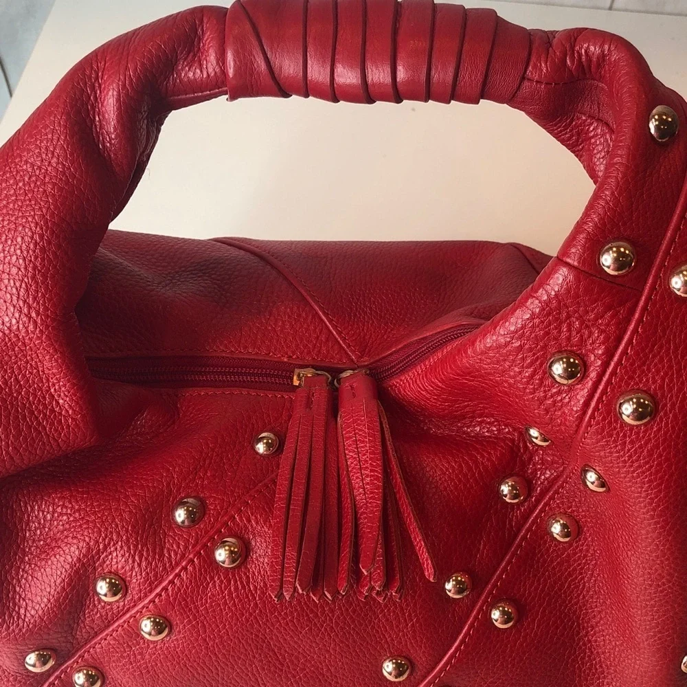 La Giodi de Toscana Red Studded Soft Leather Hobo Handbag  Zip top Roomy NWOT
